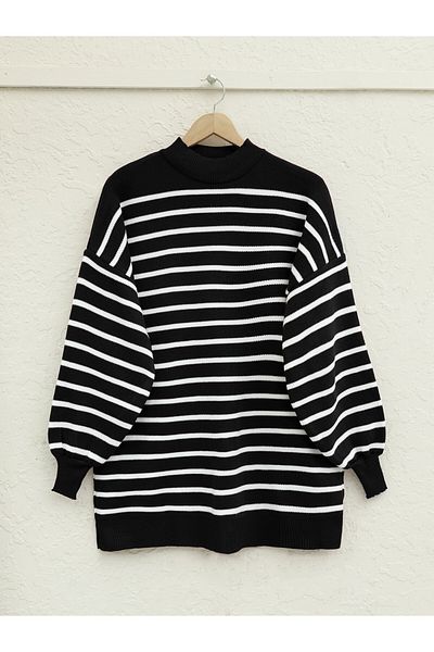 Modamorfo Stand Collar Balloon Sleeve Knitwear Tunic -Black