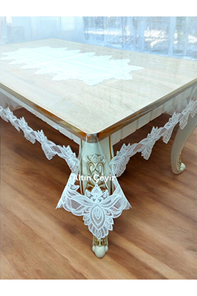 Altın Çeyiz Tekstil Şeffaf Runner'lı Fransız Güpürlü Günlük & Çeyizlik Masa Örtüsü