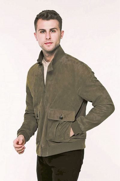 KENDE Bomber College Genuine Leather Khaki Green Men's Suede Coat