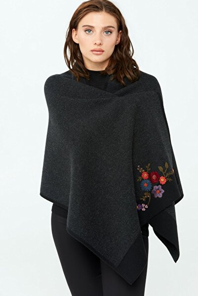 Desen Triko Tricotaj brodat cu flori pentru femei, șal negru