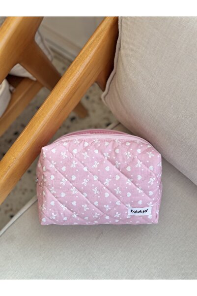 Batekso Pembe Kurdele Desenli Makyaj Çantası - Büyük Boy