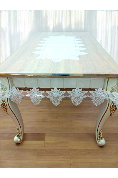 Altın Çeyiz Tekstil Şeffaf Runner'lı Fransız Güpürlü Günlük & Çeyizlik Masa Örtüsü