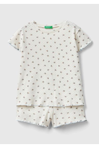 United Colors of Benetton Girl's Cream Mix All Printed Crew Neck 2-Piece Set with Shorts