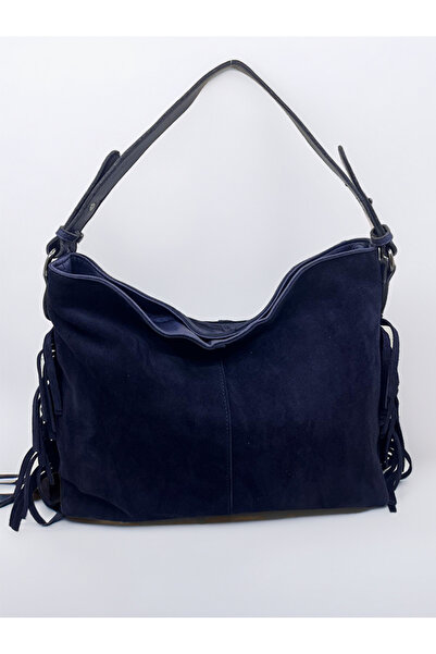 HBS ÇANTA LACİVERT Hakiki Deri Süet Püskül Detaylı Kadın Omuz Çantası