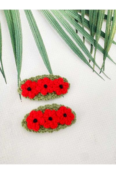 Kadın Girişimciler Atölyesi Red Software Crispy Floral 2-Piece Snap Buckle Handmade Hair Accessory