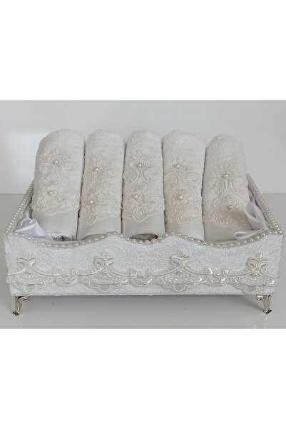 FNT Footed Velvet Guipure Pearl Towel Holder and 5 Pieces of 30*50 Cotton Gui...