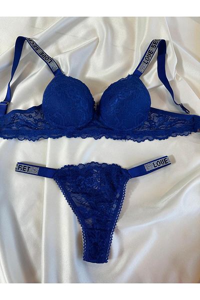 Beyaz Gelincik Underwear Set de sutien cu împingere în sus, cu sârmă, cu sârmă, cu dantelă albastră, set de lenjerie intimă