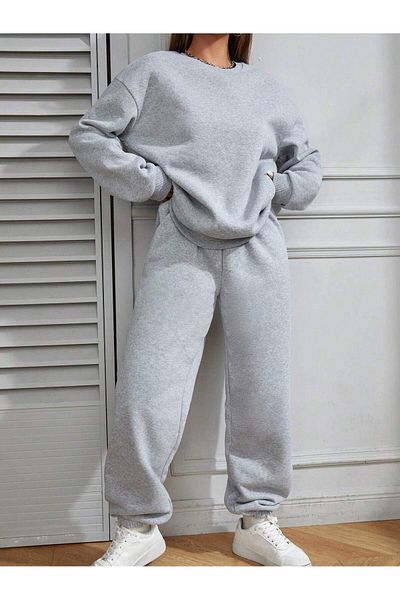 MODARİCH Γκρι Σετ αθλητικής φόρμας Jogger - Απλό φούτερ χωρίς σχέδια και λαιμόκοψη