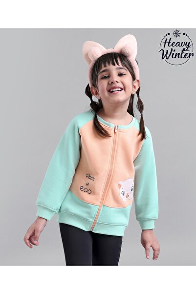 Babyoye Cotton Blend Eco Conscious Full Sleeves Sweat Jacket Kitty Print- Pea...