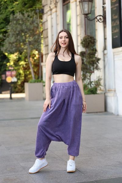 Sosyete Kaplumbağa Authentic 100% Cotton Pocket Elastic Leg Tumbled Wash Loose Baggy Trousers