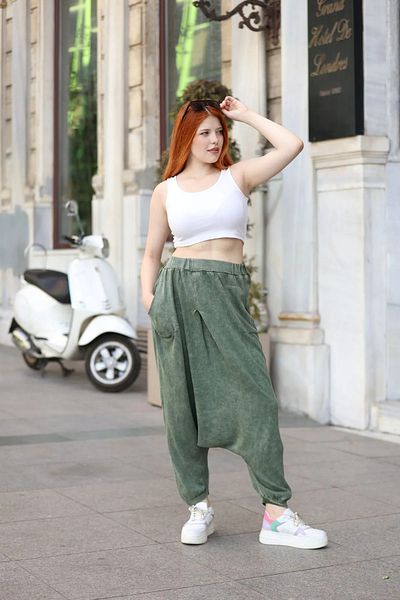 Sosyete Kaplumbağa Authentic 100% Cotton Pocket Elastic Leg Tumbled Wash Loose Baggy Trousers