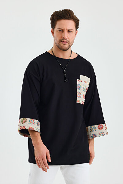 rammers Tricou cu mânecă slabă cu model etnic boem, cu buzunar și detaliu cu ...