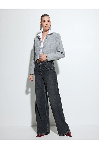 Koton Tweed Crop Jacket - kulatý výstřih a kapsa na knoflíky