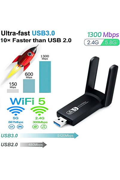 Genel Markalar Kablosuz Wifi Alıcı Dual Band Usb 3.0 Adaptör AC1300 Mbps (202...