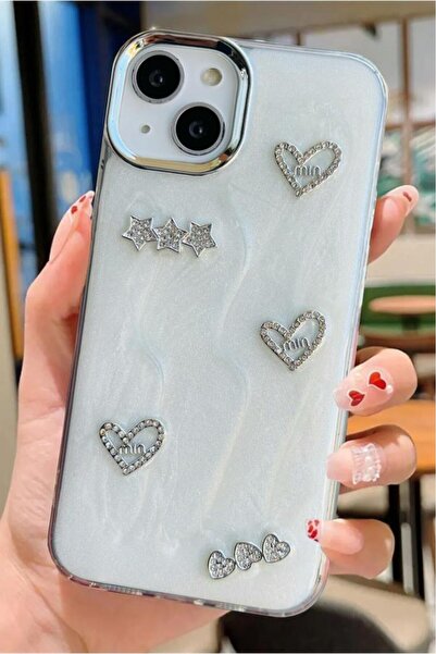 3GEN CASE غطاء صلب متوافق مع iPhone 13 وiPhone 14 مع شريط حجري ثلاثي الأبعاد على شكل فراشة وقلب