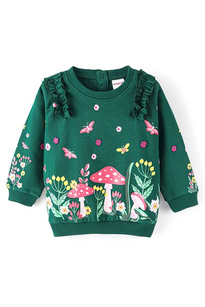 Babyhug Cotton Balloon Sleeves Sweatshirt With Graphics & Ruffle Detailing - Green