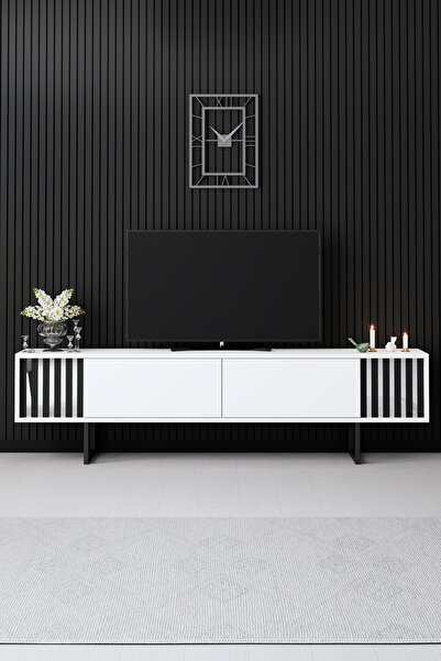 Modatte Chrome Line Demir Ayaklı Beyaz Tv Sehpası