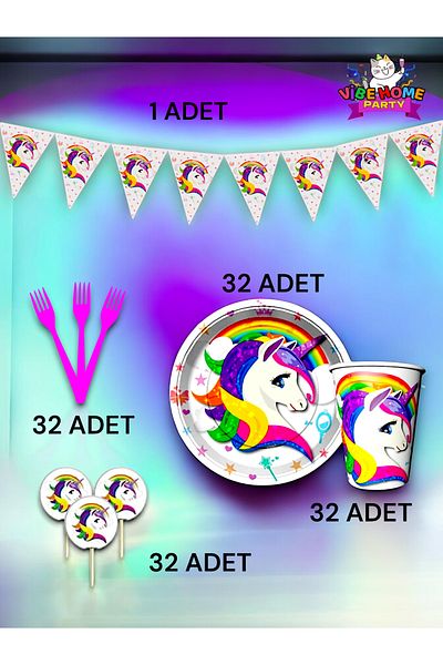 VibeHome Unicorn Themed Eco Set for 32 - Birthday Party and Fun Events