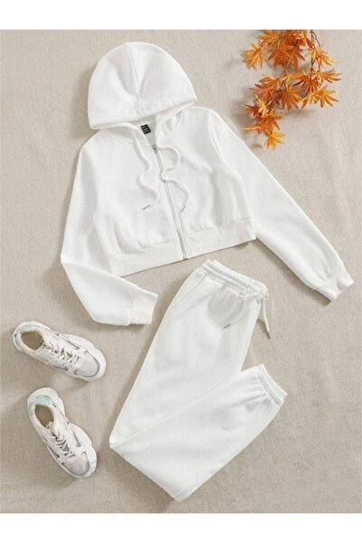 MODARİCH Λευκή ζακέτα jogger και αθλητικό παντελόνι - Σετ με κουκούλα Basic Crop