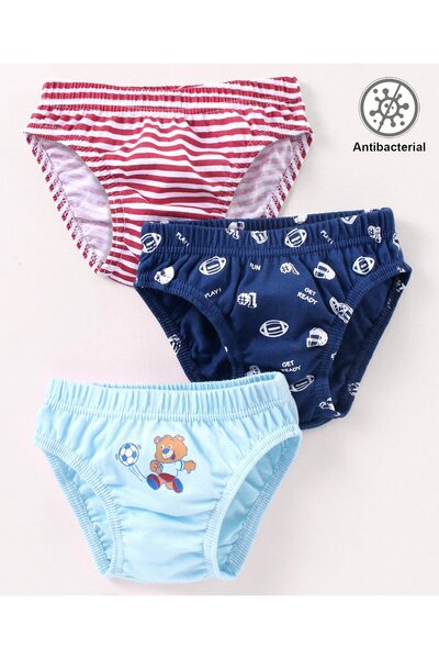 Babyhug 100% Cotton Antibacterial Briefs Stripes & Bear Print Pack of 3 - Blu...