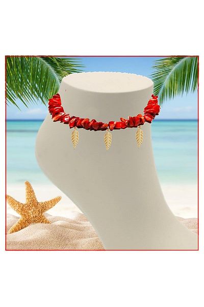 Bijustore Women's Anklet with Coral Natural Stone Leaf Object