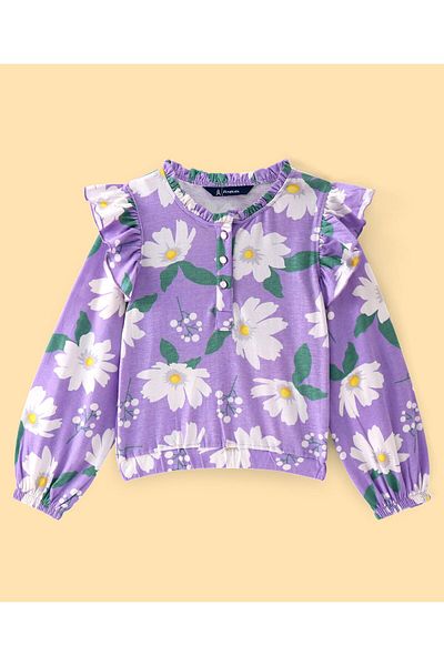 Pine kids باين كيدز - بلوزة قطنية محبوكة بأكمام طويلة ومطبوعة بالزهور مع تفاصيل كشكش - متعدد الألوان