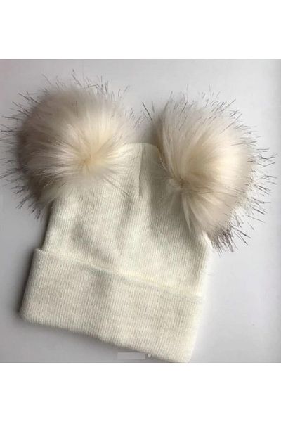 Mihos Dětský baret Ecru Double Pompom