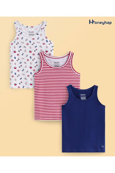 Honeyhap Premium Cotton Elastane Single Jersey Vests Pack of 3 - Blue, Red & ...