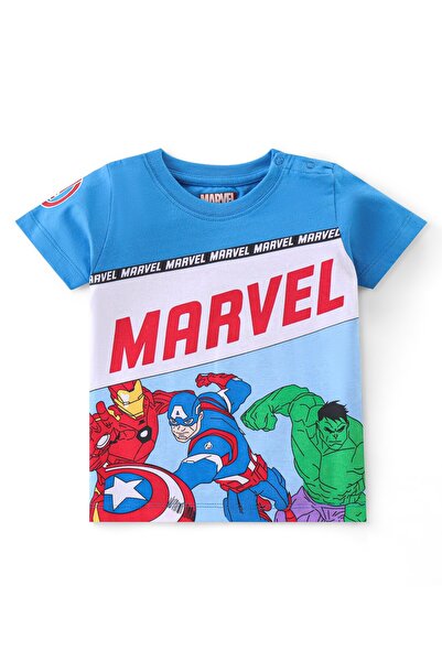 Babyhug Marvel تي شيرت بأكمام نصفية من نسيج قطني 100% مع رسومات Avengers - أزرق