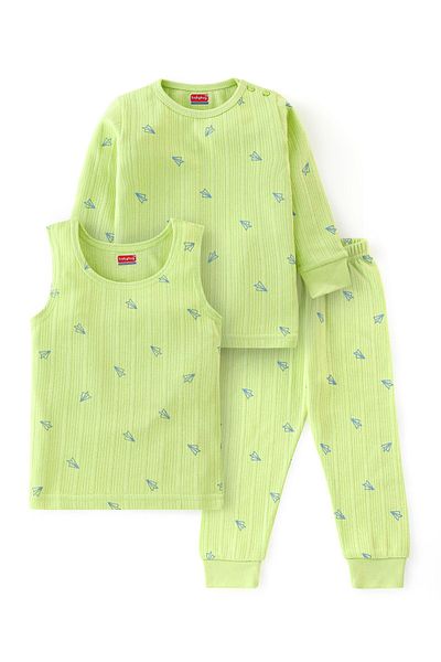 Babyhug Cotton Full Sleeves Thermal Combo Vest Pullover & Bottom Paper Plane Print - Sunny Lime