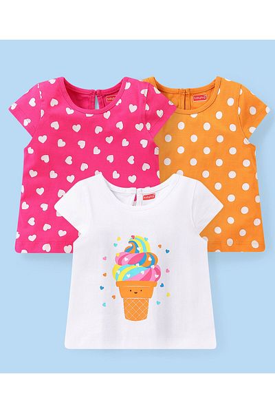 Babyhug تي شيرت قطني محبوك بأكمام قصيرة مطبوع عليه قلوب وآيس كريم، عبوة من 3 قطع - متعدد الألوان