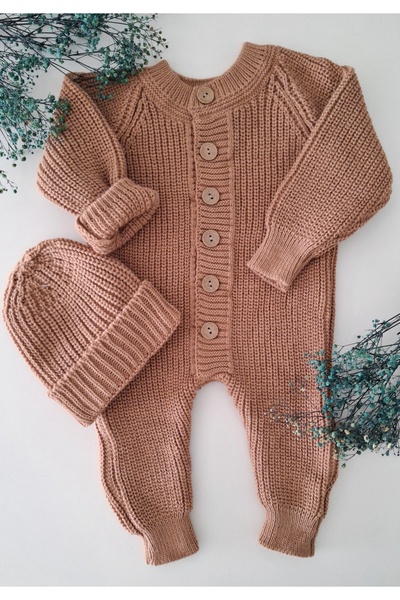 Miccolatte Newborn Unisex Baby Knitwear Beanie Jumpsuit - Set of 2 with Button Detail