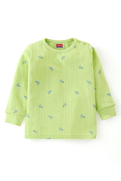 Babyhug Cotton Full Sleeves Thermal Combo Vest Pullover & Bottom Paper Plane Print - Sunny Lime