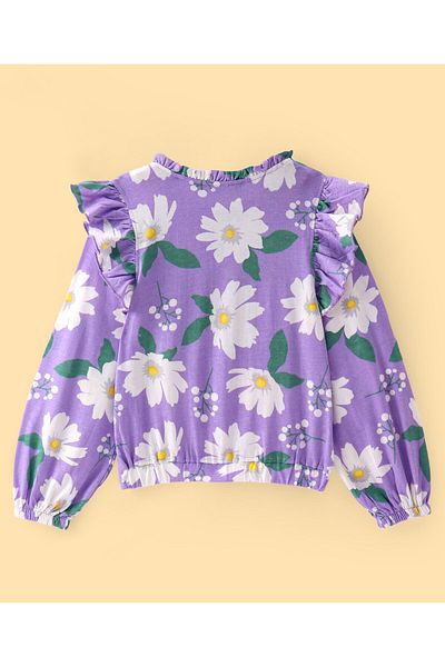 Pine kids باين كيدز - بلوزة قطنية محبوكة بأكمام طويلة ومطبوعة بالزهور مع تفاصيل كشكش - متعدد الألوان