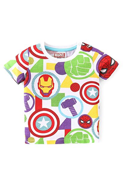 Babyhug Marvel تيشيرت قطني محبوك بنصف كم مطبوع عليه رسومات أفنجرز - أبيض وأخضر