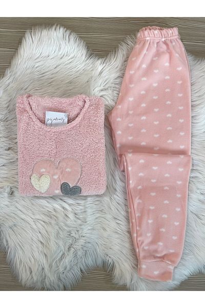 Pijamacs Set de pijamale din lână cu model Love roz deschis cu detaliu de pluș în față