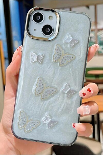 3GEN CASE غطاء صلب متوافق مع هاتف iPhone 15 ثلاثي الأبعاد بشريط حجري على شكل فراشة وقلب مطرز
