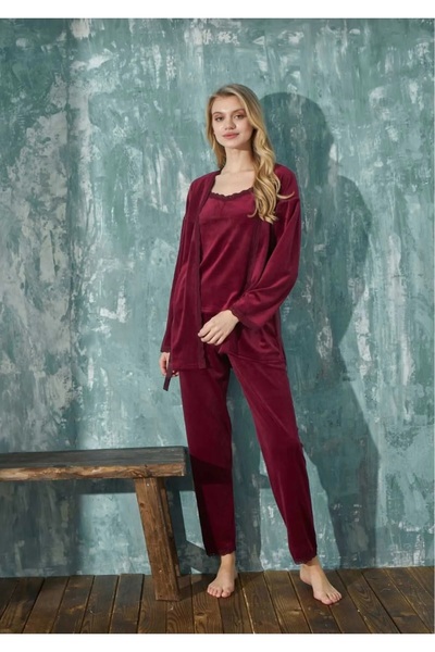 Kadın 3'lü Kadife Sabahlıklı Pijama Takımı