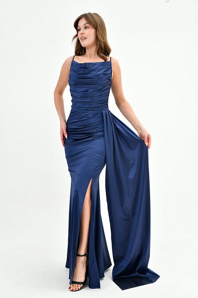 bayansepeti Navy Blue Satin Maxi Dress with Draped and Slit Fish Cut 39461