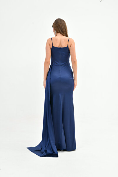 bayansepeti Navy Blue Satin Maxi Dress with Draped and Slit Fish Cut 39461
