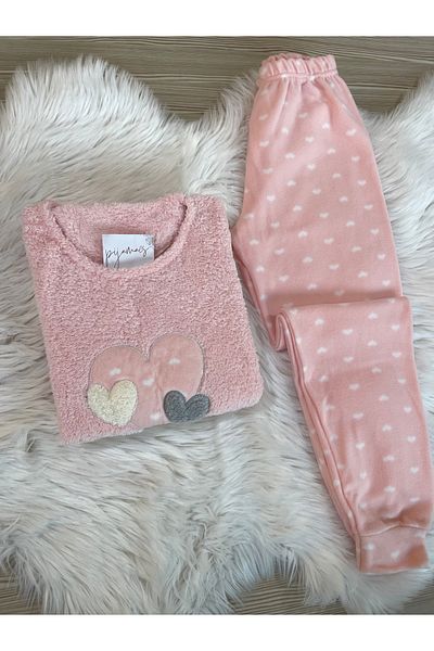 Pijamacs Set de pijamale din lână cu model Love roz deschis cu detaliu de pluș în față