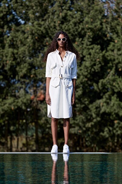 Nur OSKAY Beyaz Fitilli Kadife Gömlek Elbise