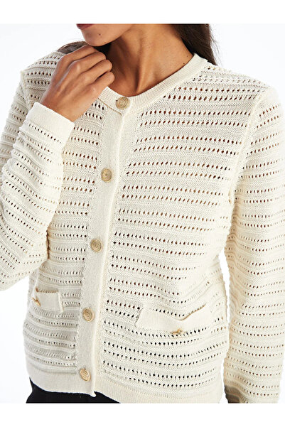 LC Waikiki Lcw Modest Ecru Crew Neck Openwork Long Sleeve Women's Knitwear Cardigan