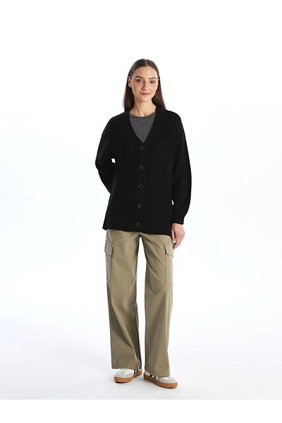 LC Waikiki LCW Modest Negru Decolteu în V cu model cu mâneci lungi Tricotaj pentru femei Cardigan