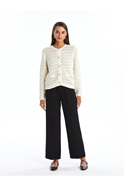 LC Waikiki Lcw Modest Ecru Crew Neck Openwork Long Sleeve Women's Knitwear Cardigan