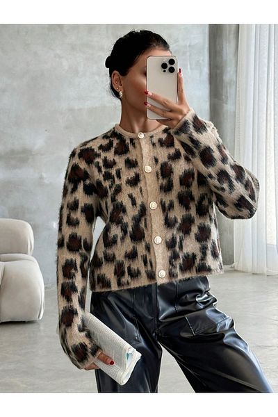 Vaveyla Women's Brown Leopard Print Crew Neck Soft Knitwear Cardigan