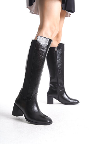 SEEM & BE Lea Kaymaz Taban Streç Lastikli Rugan Siyah Kadın Topuklu Çizme