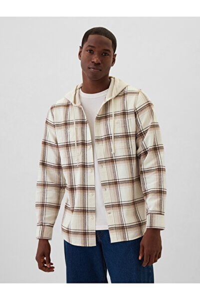 GAP Erkek Kırık Beyaz Standard Fit Flannel Desenli Gömlek