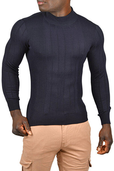 DeepSEA Férfi sötétkék fél garbós, csíkos, nem bolyhosodó, karcsúsított kötött pulóver 2505491