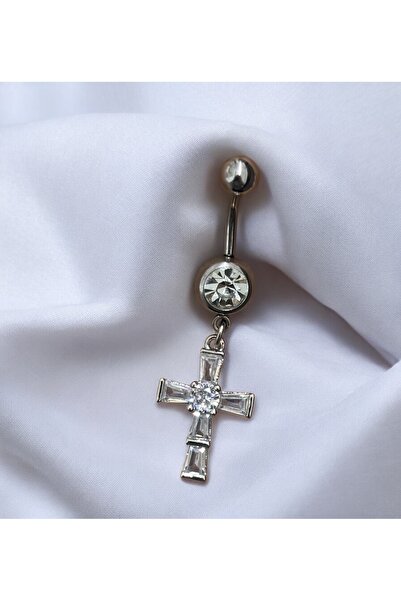 Takayrum Çelik Zirkon Taşlı Haç Detaylı Göbek Piercing